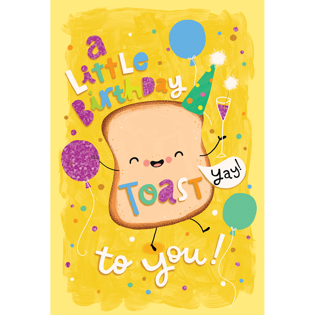 Colorful Birthday Toast card by Cardmore featuring cheerful toast characters, perfect for celebrating birthdays.